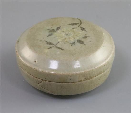 A Korean inlaid celadon cosmetics jar and cover, Koryo dynasty (AD 918-1392), D. 8.2cm